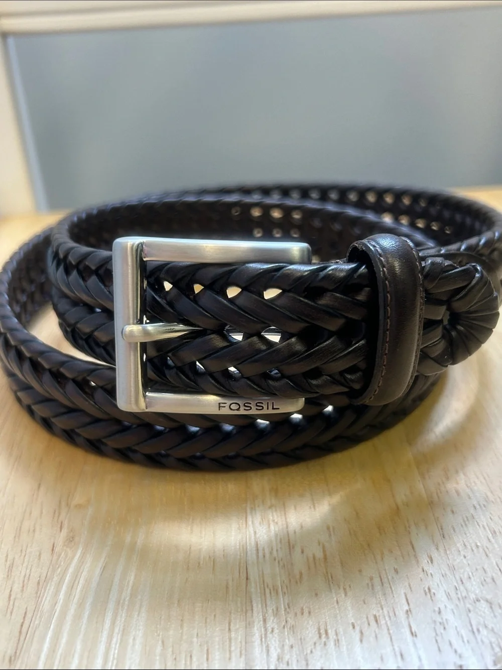 Like New Fossil Myles Brown Braided Leather Belt with Silver Buckle 85/34